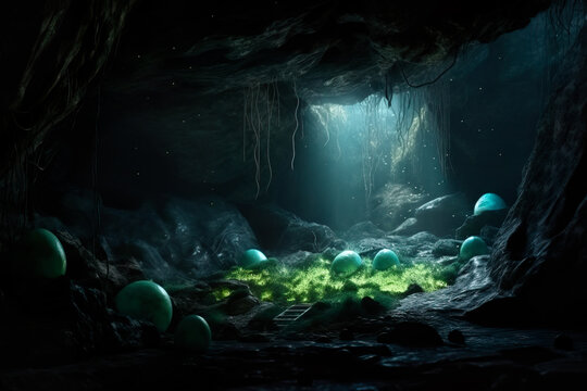 Generative AI illustration of fantastic alien eggs in a stone cave with glowing lights