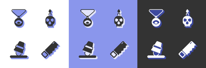 Set Hand saw, Medallion on chain with eye, Game thimbles and Burning candle skull icon. Vector