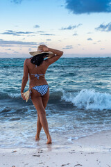 Dominican Republic of Punta Cana, a girl in a hat on the ocean with turquoise water and palm trees.
