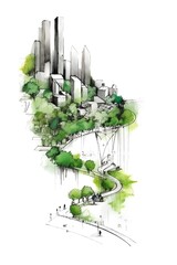 A sketch of an isolated green buildings promoting walkability and clean public infrastructure. The sustainable urbanism design highlighting a carbon-neutral, eco-friendly architecture. Generative AI