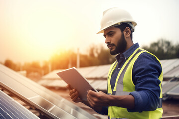 Engineer uses tablet to track the performance of the solar panels power plant on a sunset. Clean, renewable energy concept. Generative AI