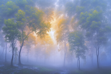Naklejka na ściany i meble Foggy forest with glowing trees