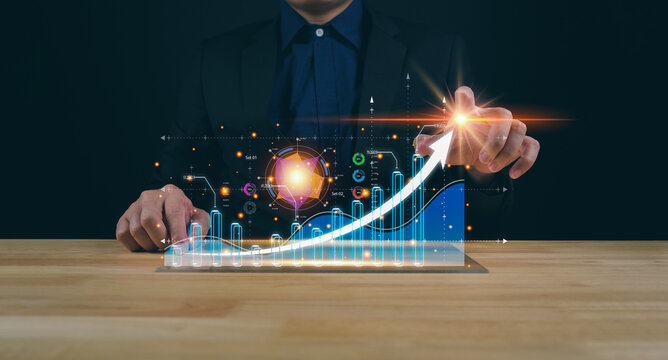 Analysts use AI Measuring in business analytics and data management systems to generate reports with KPIs and database connection metrics. Corporate Strategy in Financial Banking Operations, Sales, Ma