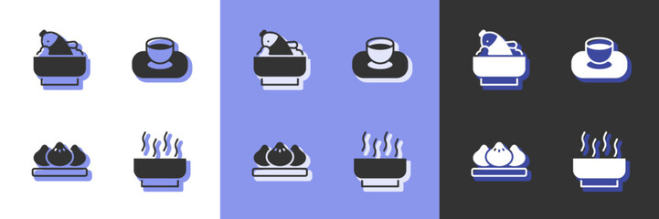 Set Ramen soup bowl, Rice with fish in, Dumpling and Soy sauce icon. Vector