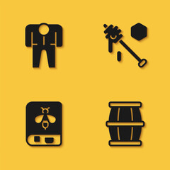 Set Beekeeper costume, Wooden barrel with honey, Book about bee and Honey dipper stick icon with long shadow. Vector