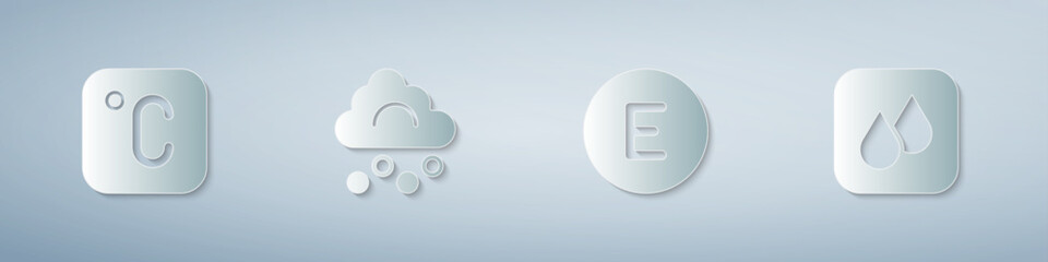 Set Celsius, Hail cloud, Compass west and Water drop. Paper art style. Vector
