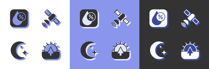 Set Sunrise, Water drop percentage, Moon and stars and Satellite icon. Vector