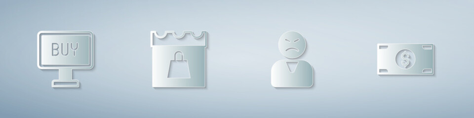 Set Buy button, Shopping day, Angry customer and Stacks paper money cash. Paper art style. Vector