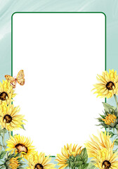Watercolor hand drawn spring garden full of sunflowers square frame . Watercolor illustration for scrapbooking.Cartoon hand drawn background with flower for kids design.Perfect for wedding invitation.