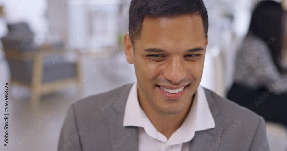 Poster happy man, face and thinking on computer for business research, planning project and strategy in off