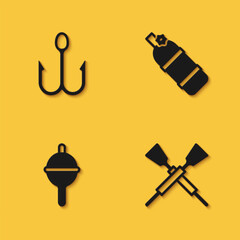 Set Fishing hook, Crossed oars or paddles boat, float and Aqualung icon with long shadow. Vector