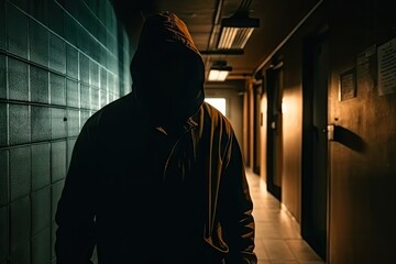 Fototapeta na wymiar Mystery Man in Eco-Friendly Corridor - Dark Art - Generative AI