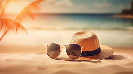 Fototapeta na wymiar hat with sunglasses on the beach