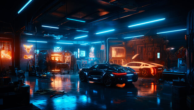 cyberpunk style garage interior