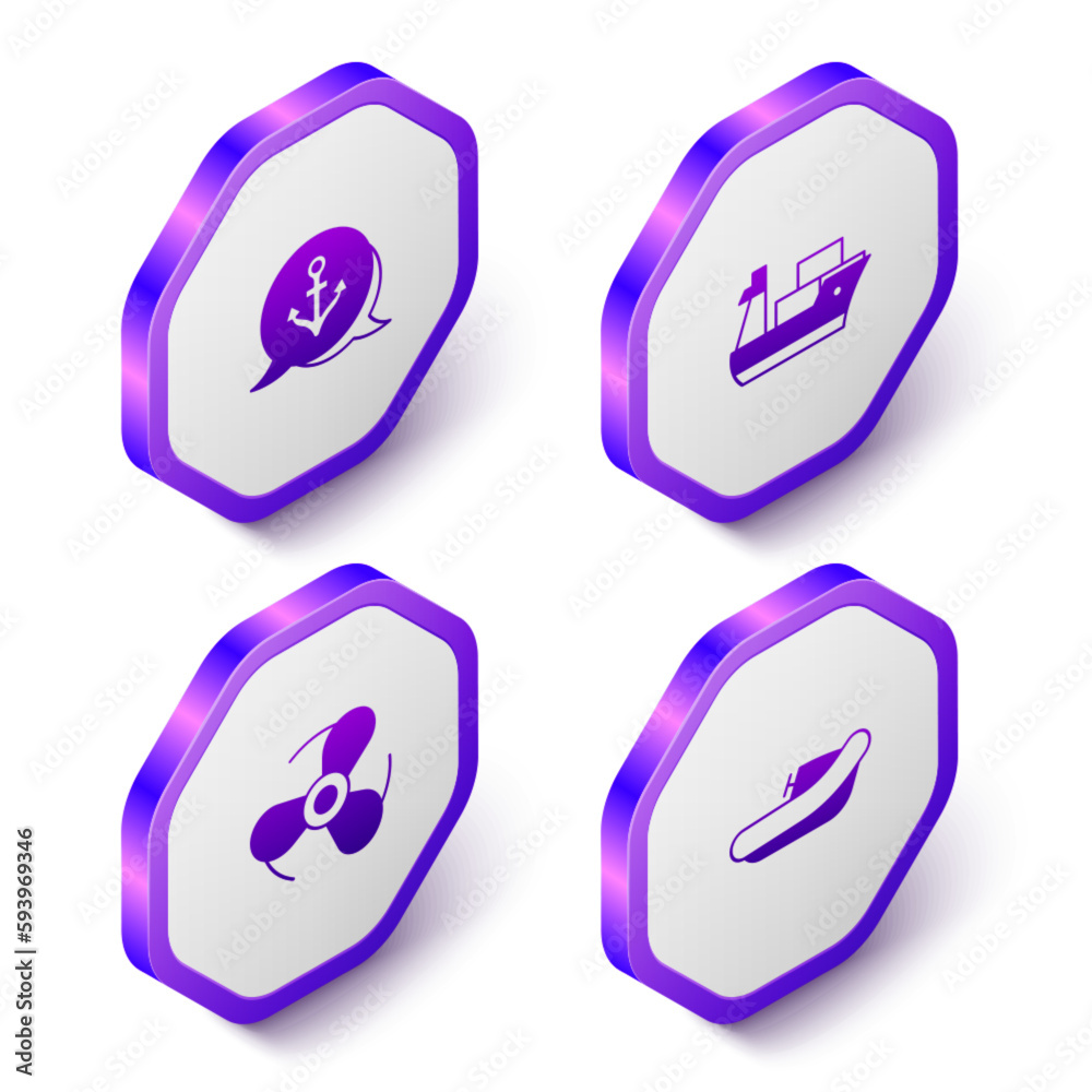 Poster Set Isometric Anchor, Cargo ship, Boat propeller and Inflatable boat with motor icon. Purple hexagon button. Vector