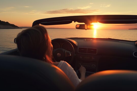 view from back seat woman on road trip with convertible driving along coast at sunset. Generative AI