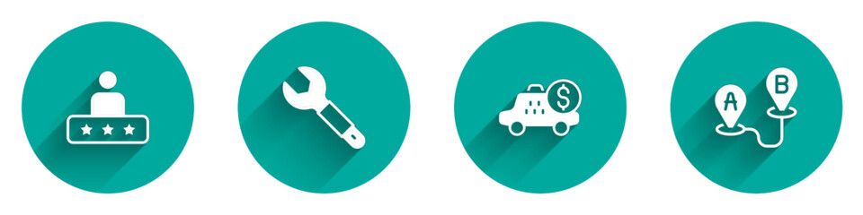 Set Taxi service rating, Wrench spanner, Taximeter device and Route location icon with long shadow. Vector