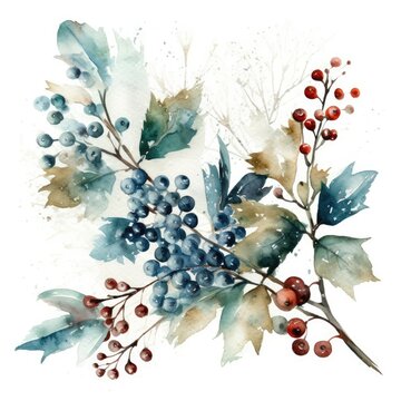 Winter Watercolor Decoration with berries on White Background - Watercolor Painting, Home Decor - Generative AI
