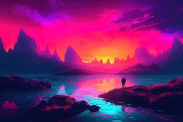 Surreal and imaginative dreamscape filled with fluorescent colors. The scene is otherworldly and fantastic, with colors blending together to create a mesmerizing effect. Generative AI