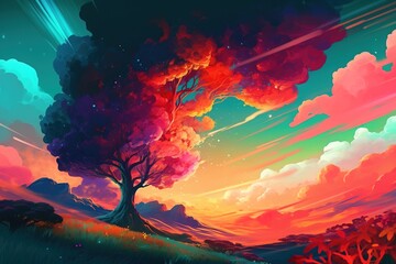 Illustration showcases a surreal and vibrant sky filled with fluorescent colors. The image captures the beauty and wonder of a colorful sky in a surreal and imaginative way. Generative AI