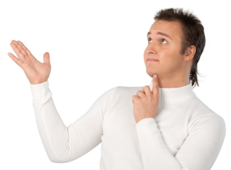 Portrait of young businessman in white sweater with hairstyle isolated on white background