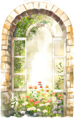 arch window with spring flowers watercolor