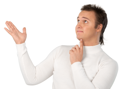 Portrait of young businessman in white sweater with hairstyle isolated on white background