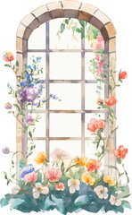 arch window with spring flowers watercolor