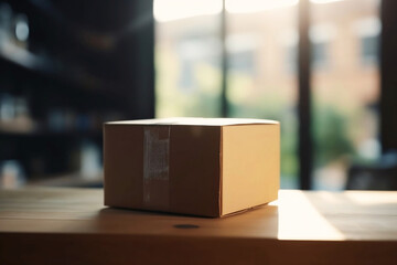 Delivery on Table: Parcel Box with Blurred Home Background and Copy Space