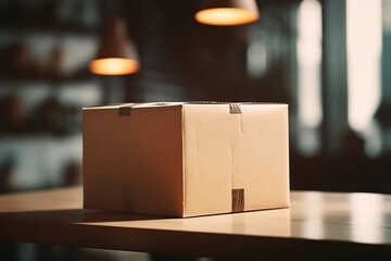 Delivery on Table: Parcel Box with Blurred Home Background and Copy Space