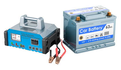Car battery with battery charger, 3D rendering