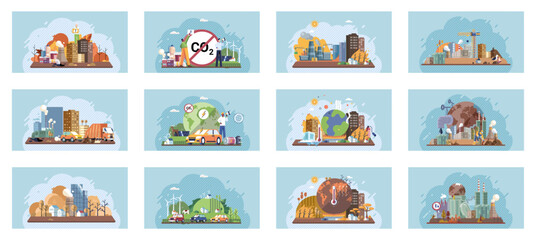 Saving the planet, World Environment Day. Planet Earth in smoke, plastic, garbage. Global warming set. Greenhouse effect of CO2. Eco activist. Ecological catastrophy. Earth with reasons of destroying