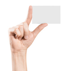 Male hand holding a blank card or a ticket/flyer, cut out