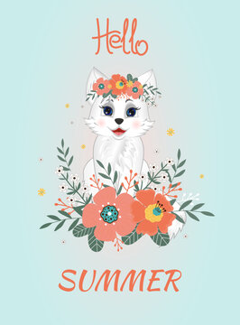 Hello Summer. Greeting postcard. Little cute  white cat sitting with flowers.