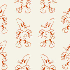 Pattern bananas. 70s retro groovy illustration seamless banana print for graphic tee t shirt or sticker poster - Vector