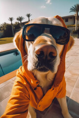 Dog take selfie photo on swimming pool, Generative AI