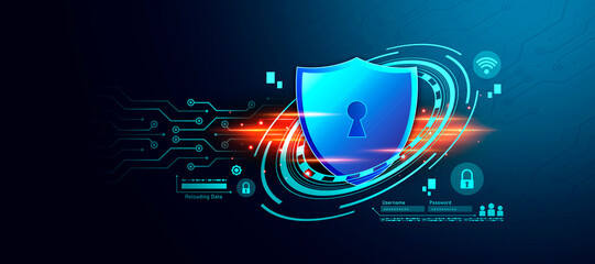 Protection network security computer and safe your data concept. Shield icon cyber security, digital data network protection, Digital crime by an anonymous hacker. dark tone