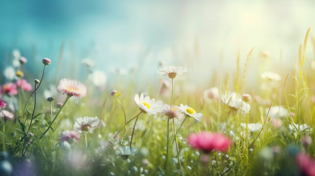 field of grass with flowers in the sun 