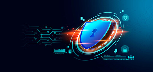 Protection network security computer and safe your data concept. Shield icon cyber security, digital data network protection, Digital crime by an anonymous hacker. dark tone