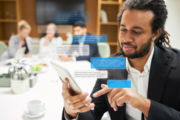 Business Mann tippt Nachricht mit Sprechblasen