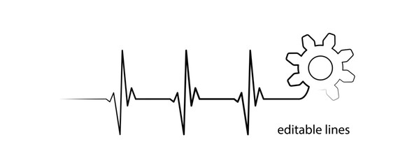 Editable lines heart rhythm illustration with gear wheel, heartbeat line vector design to use in healthcare, business, healthy lifestyle, medicine and ekg concept illustration projects.
