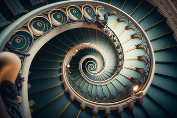 spiral staircase. Looking down from above. Generative AI,