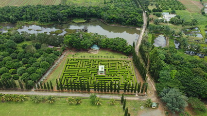 Fototapeta na wymiar Aerial view of beautiful labyrinth garden, tanah Laut District, South Kalimantan, Indonesia
