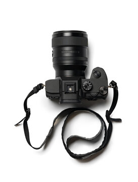 Modern camera isolated on white background top view