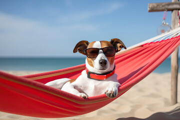jack russell dog wearing sunglasses enjoying a beach vacation on top of a hammock. Ai generative