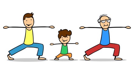 Männer von jung bis alt in Krieger Stellung beim Yoga