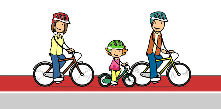 Eltern und Kind fahren Fahrrad auf rotem Fahrradstreifen