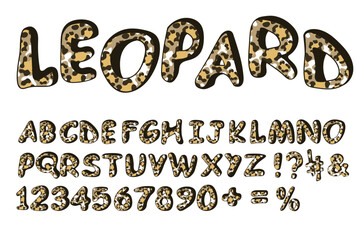 Leopard font. Hand drawn doodle alphabet of wildcats prints. Modern Uppercase letters and numbers on white background. Spotted animals. Vector illustration