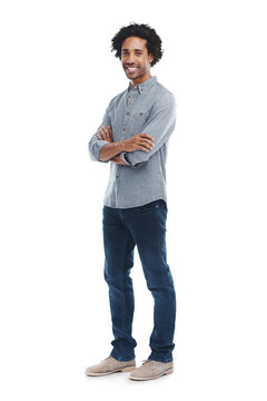 Happy man, arms crossed and smile portrait isolated on a transparent, png background. Confident black male model with a cool attitude or mindset and alpha channel for denim fashion style advertising