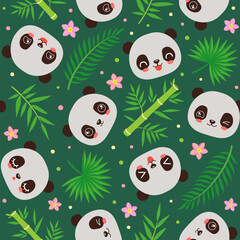 Cute panda seamless pattern. Summer repeat design. Babmoo leaves and palm leaf. Kawaii panda cartoon head seamless design tile. Cartoon animal chinese bear panda faces. Children fashion print fabric.